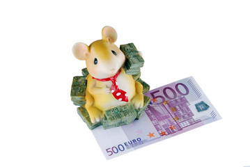 Coin box-mouse with a banknote on a white background