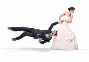 Foto op Aluminium Bride abusing groom, isolated on white © konradbak
