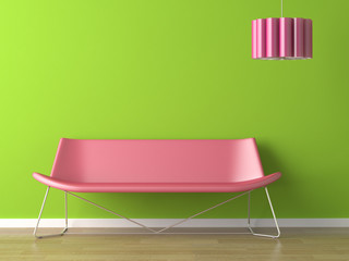 interior design green wall fuxia couch and lamp