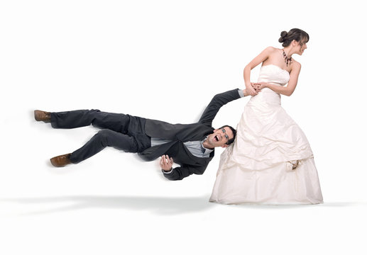 Bride Abusing Groom, Isolated On White