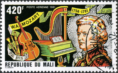 République du Mali. W.A. Mozart. Timbre postal.