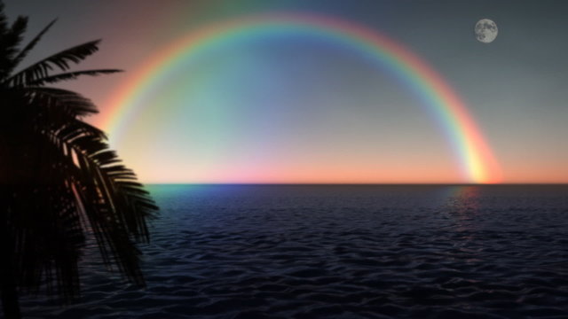 Rainbow Ocean with Palm Tree and Moon at Sunset (1033)