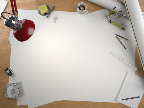 designer drawing table with elements and copy space