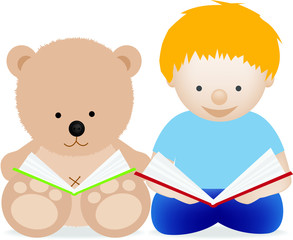 boy and teddy bear reading