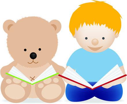 boy and teddy bear reading