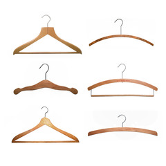 six wooden hangers isolated on white