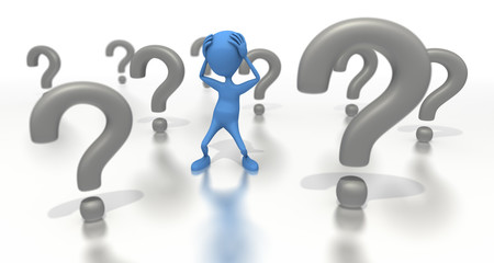 Figure stands among a bunch of question marks