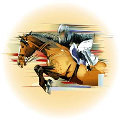 Crédence de cuisine en verre imprimé Art Studio cheval et jockey de saut d& 39 obstacles
