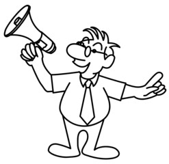 little man speaking in a megaphone