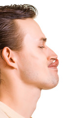 men reaches a long tongue a nose tip