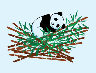 A panda squatting on branches of bamboo and leaf.