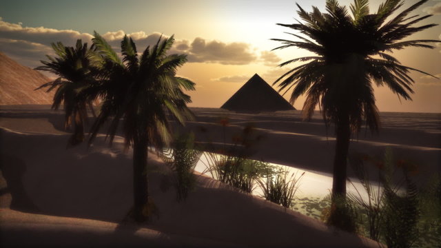 Sahara Sunset Dunes Oasis Palms and Pyramid (1072)