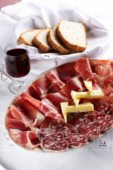 Plate with different sort of salami and prosciutto