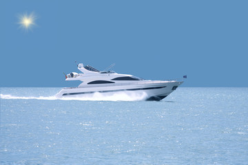 Luxury yacht with horizon line