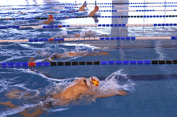 Boys swimming in a pool during a breaststroke championship