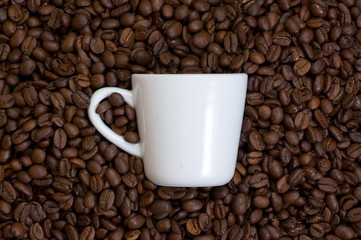 White cup lying on a coffee beans