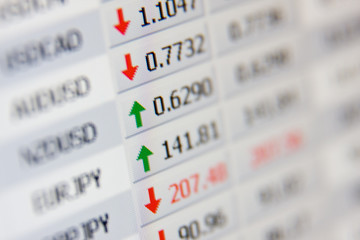 LCD closeup shot shows stock exchange rates.