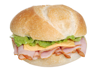 Ham and cheese sandwich on a bun isolated
