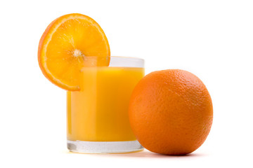 Glass of orange juice with orange