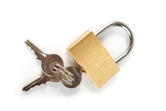padlock with keys isolated on white