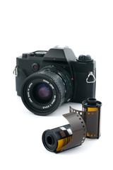 Fototapeta premium Analogue camera with film rolls