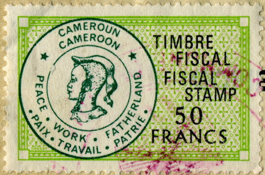 Timbre fiscal Cameroun, 1975. Paix, travail, patrie.