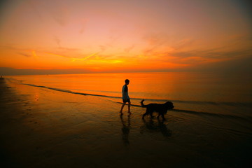 Jung mit Hund am Strand im Sonnenuntergang