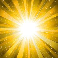 Rays from the sun making a yellow sunburst with stars background