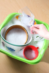 close-up of female hands washing dishes