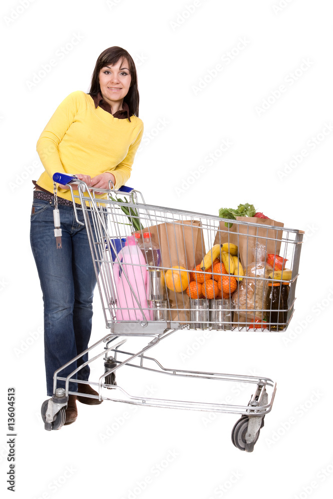 Sticker woman with shopping cart