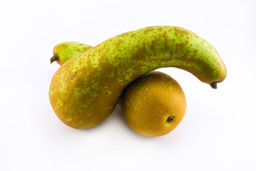 folded into two pears on a white background