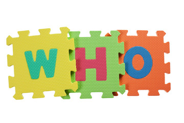 Alphabet blocks forming the word WHO isolated on white