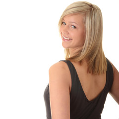 Fototapeta premium Beautiful teenager young blond girl in grey elegant dress
