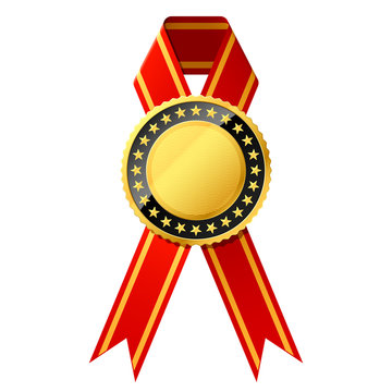 Gold badge with red ribbon. Vector. Detailed portrayal.