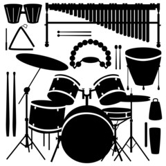 Fototapeta premium Drums, cymbals, and percussion instruments in vector silhouette
