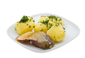 Close-up plate of potato with fish isolated on white