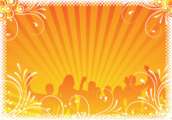 Fototapeta na wymiar orange party background with ornaments and people