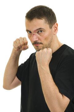 Man With Broken, Crooked Nose And Black Eye Isolated On White