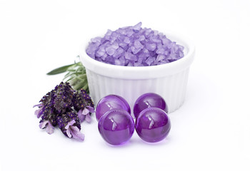 Obraz na płótnie Canvas bath salt, oil pearls and flowers of lavender)
