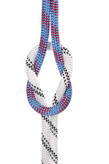 two climbing ropes, white and blue, connected together strongly