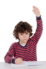 Adorable boy studying a over white background ask to speak