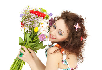 Naklejka premium Spring beauty holding flowers