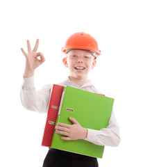 Happy teenager in helmet and folders show OK sign