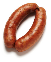 Boiled sliced fresh pork sausage isolated on white
