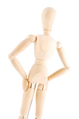 Artists mannequin with hand on hips on white background