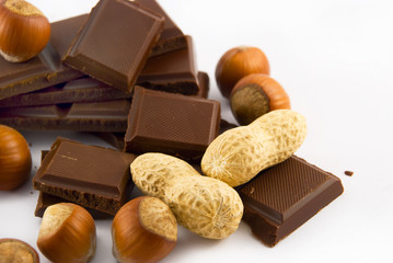 slices of chocolate and nuts on white background