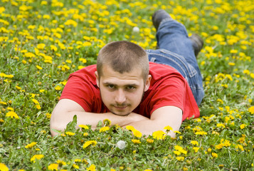 Handsome man laying in meadow