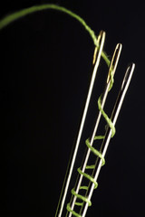 tres agujas unidas por un hilo verde