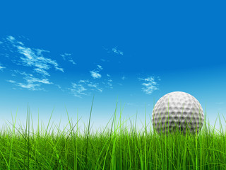 3d white golf ball in green grass on a blue sky with clouds