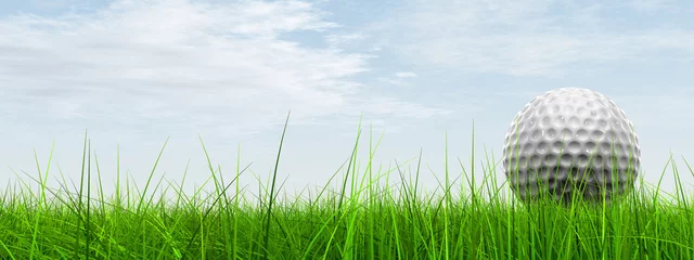 Cercles muraux Golf 3d white golf ball in green grass on a blue sky banner